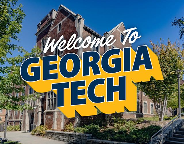 Welcome to GT overlayed over a picture of a dorm