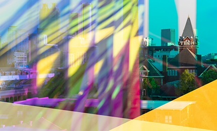 Photo of two people with campus background