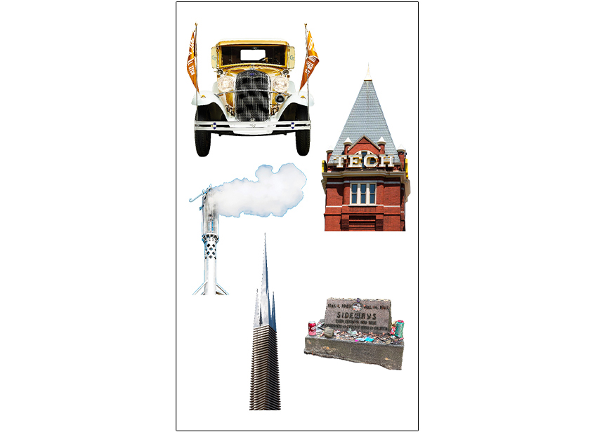 Digital stickers of Georgia Tech icons like Tech Tower and the Wreck