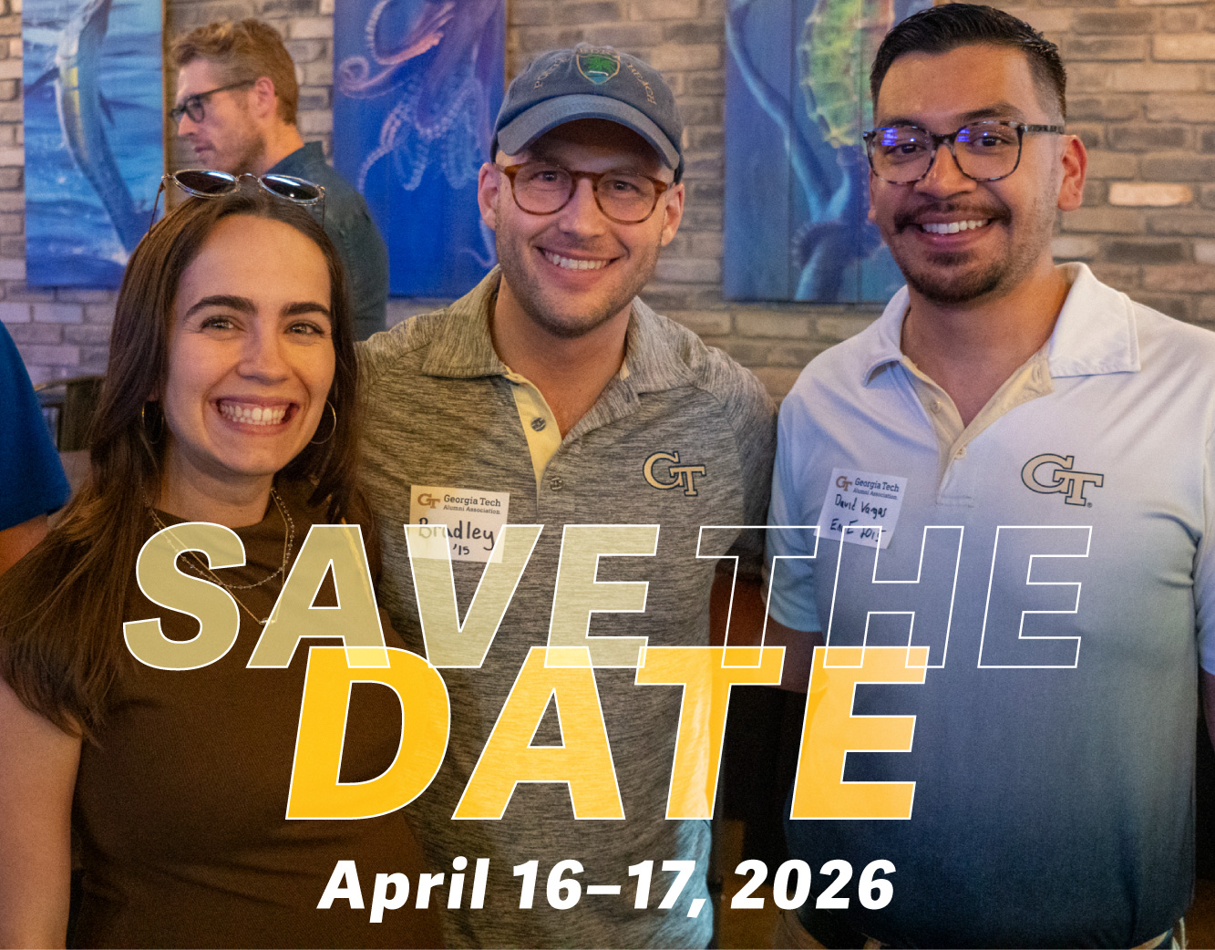 Save the date graphic with people in the background
