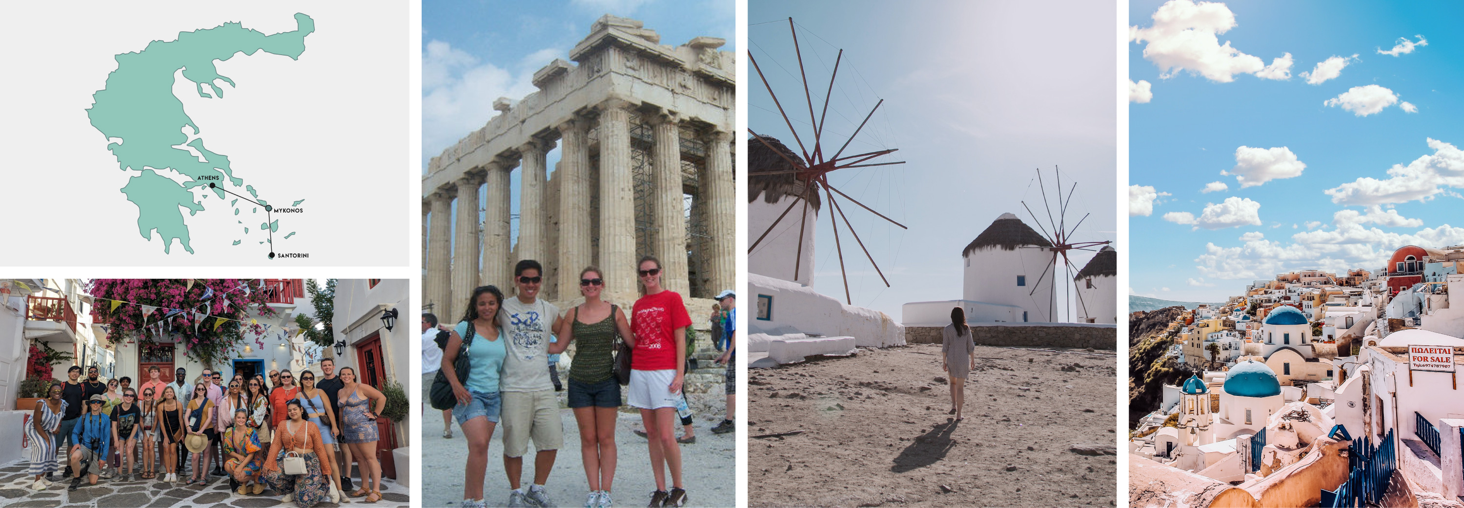 Collage of Greek Islands of Mykonos and Santorini