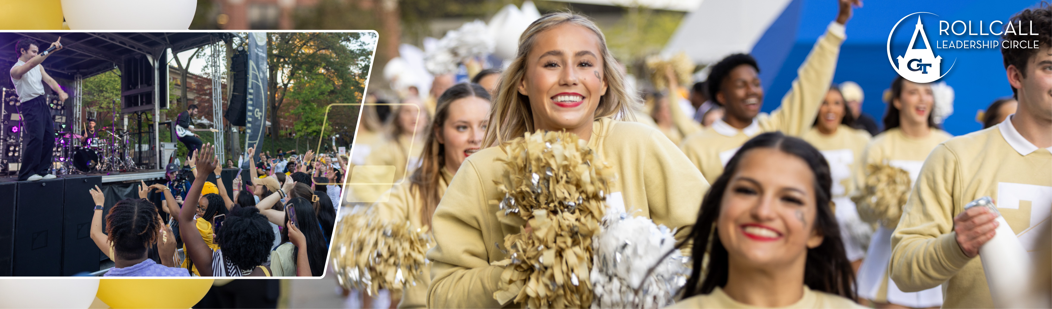 Images of cheerleaders and block party concert