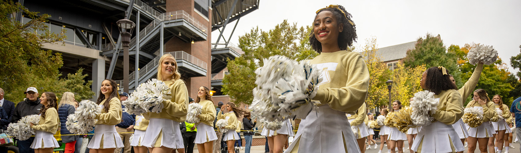 Images of cheerleaders and block party concert