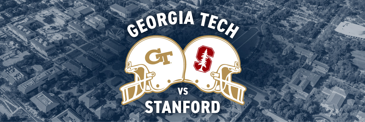 Georgia Tech and Stanford helmets over colored background