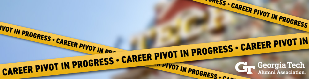 LinkedIn banner with construction tape for alumni pivoting careers