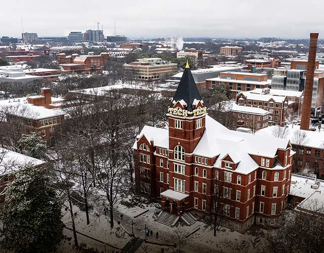 Image of Tech Tower covered in snow