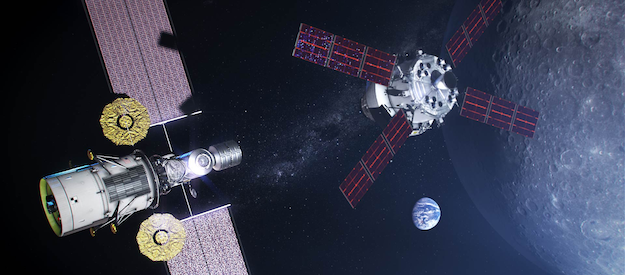 Concept art of Orion approaching a lunar orbital platform