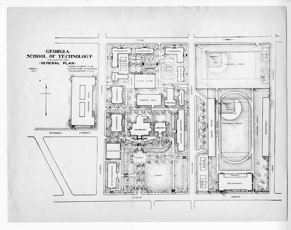 1912 campus landscape plan by Charles W. Leavitt with proposed sites for future building locations.