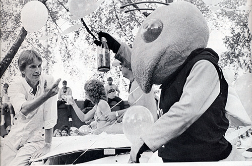 Buzz having fun with students