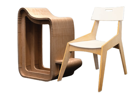 Two chairs. One has a white seat and back and the other has multiple layers of wood blocks. 