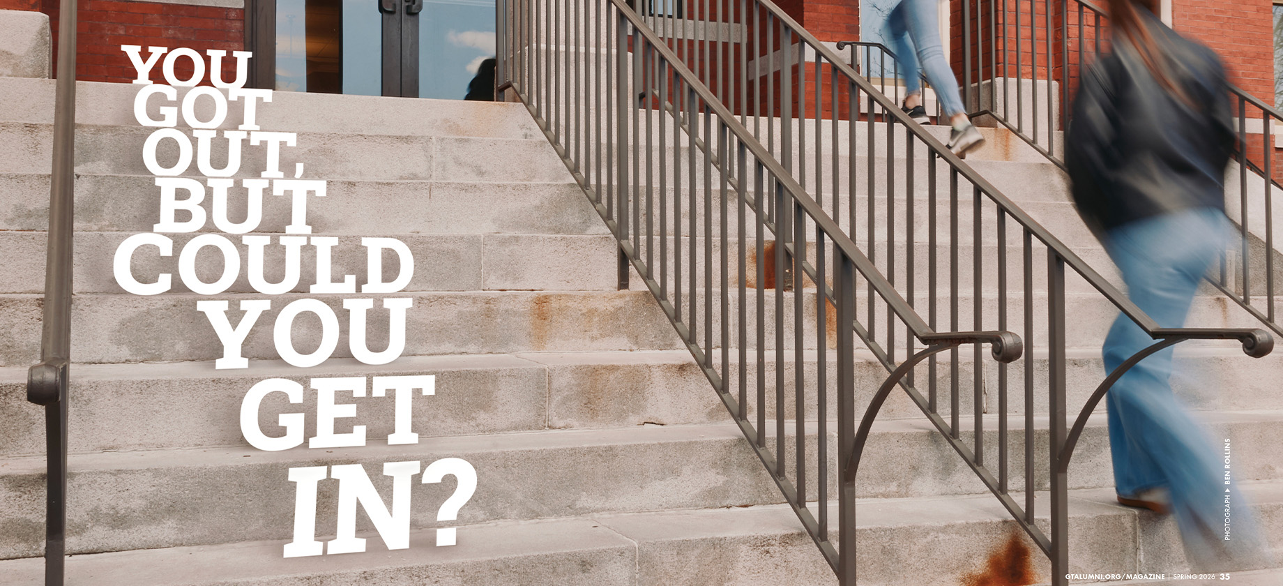 graphic overlay on a staircase with students walking up the stairs