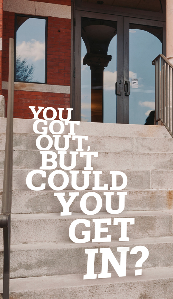 graphic overlay on a staircase with students walking up the stairs