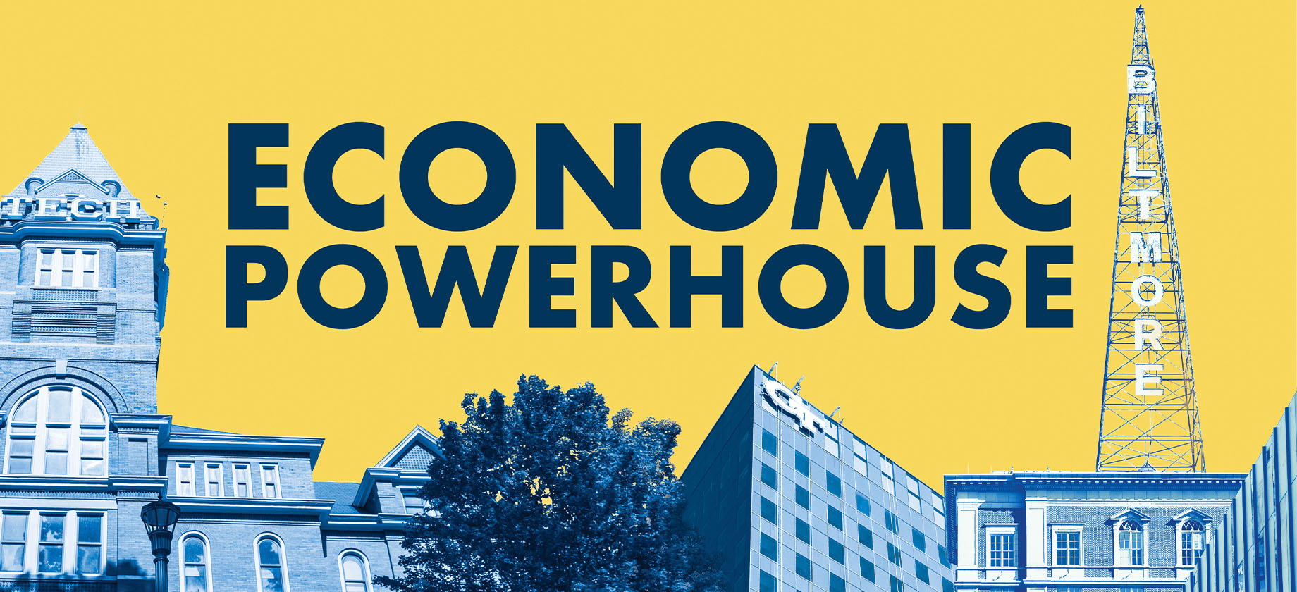 Economic Powerhouse text over graphic of GT buildings with gold background color