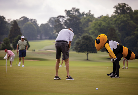 A man is bent over a golf club while Buzz the mascot watches.