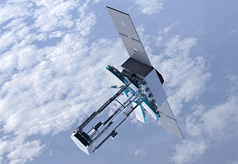 rendering of a SuperSharp satelite in orbit