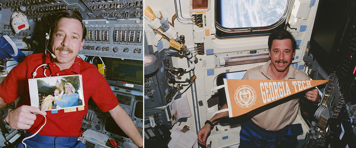 Horowitz on the space shuttle with a GT flag and Horowitz with a photo of his family