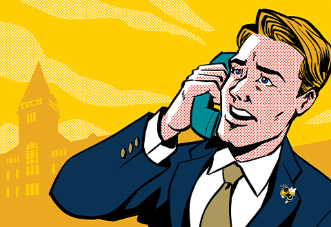 Cartoon graphic of someone answering the phone 