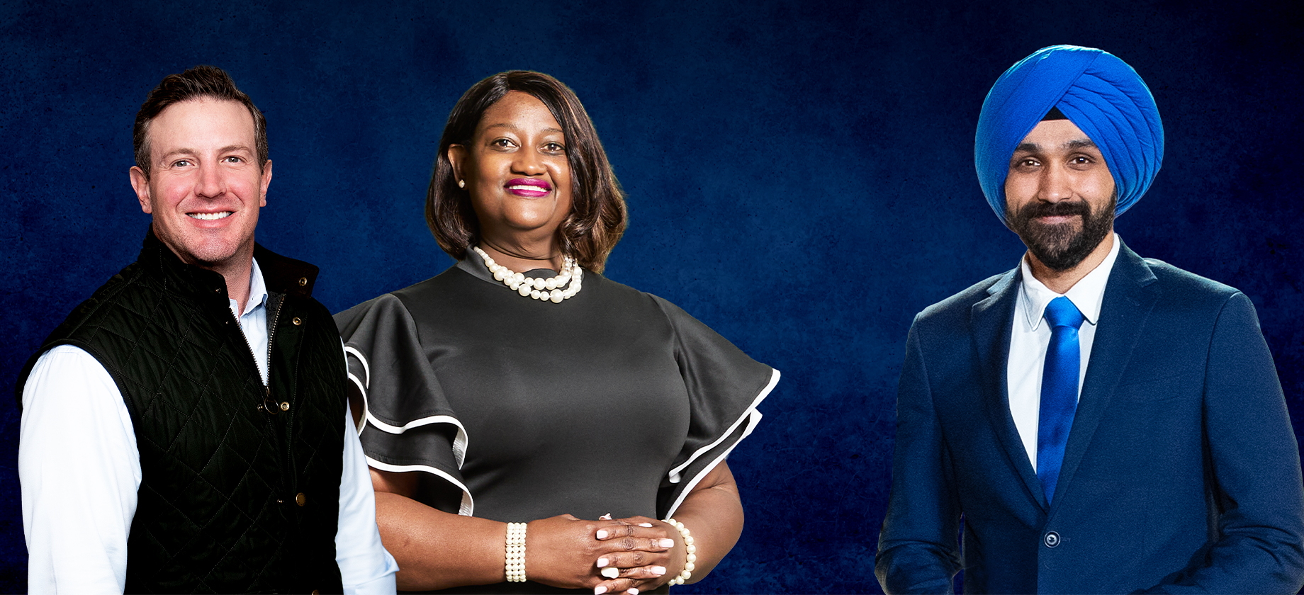 Three people with navy blue background