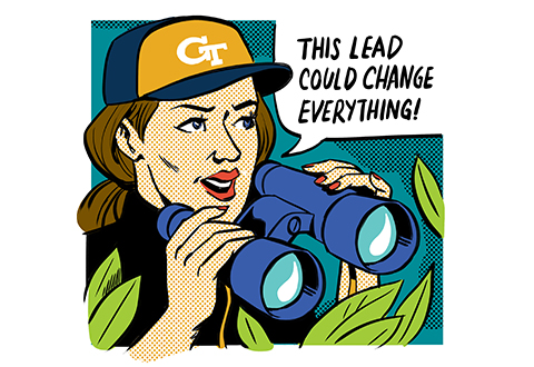cartoon graphic of someone with binoculors and a GT hat