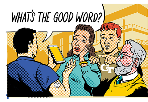 cartoon graphic of someone showing their phone to a group of impressed people