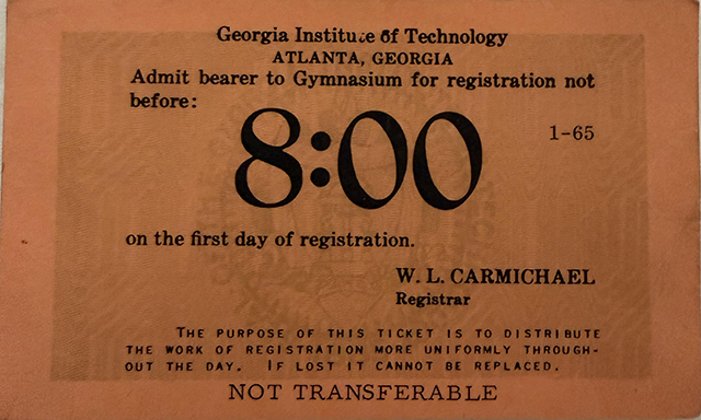 A 1965 Georgia Tech class registration time card.