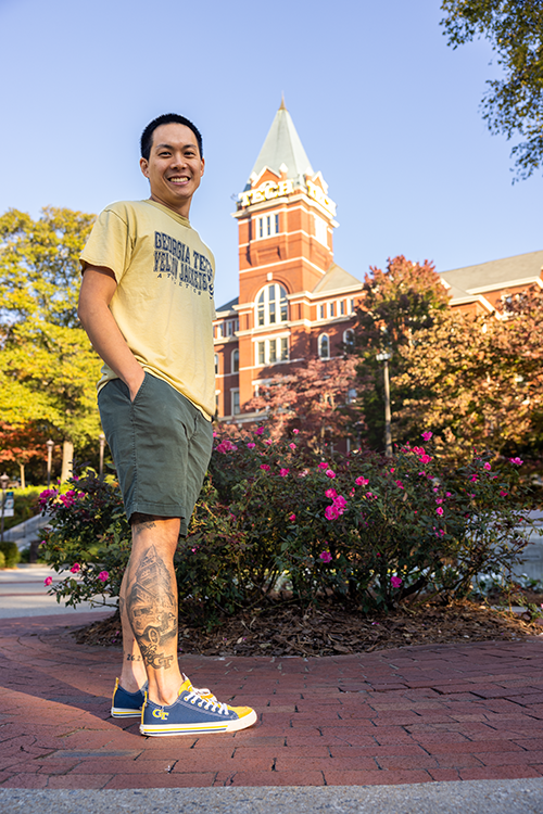 patrick chua's tattoo in front of Tech Tower