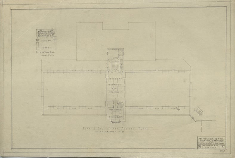 The blueprint of the second floor of Brittain Dining Hall.