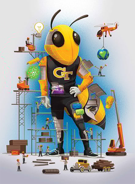 Cartoon image of Buzz being built by a construction crew