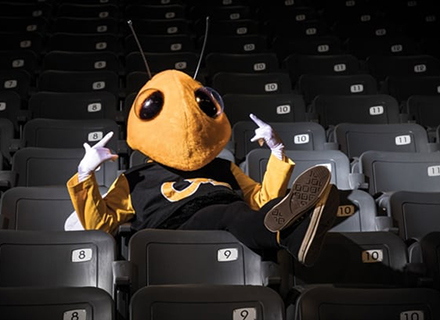 Buzz sitting in empty bleachers