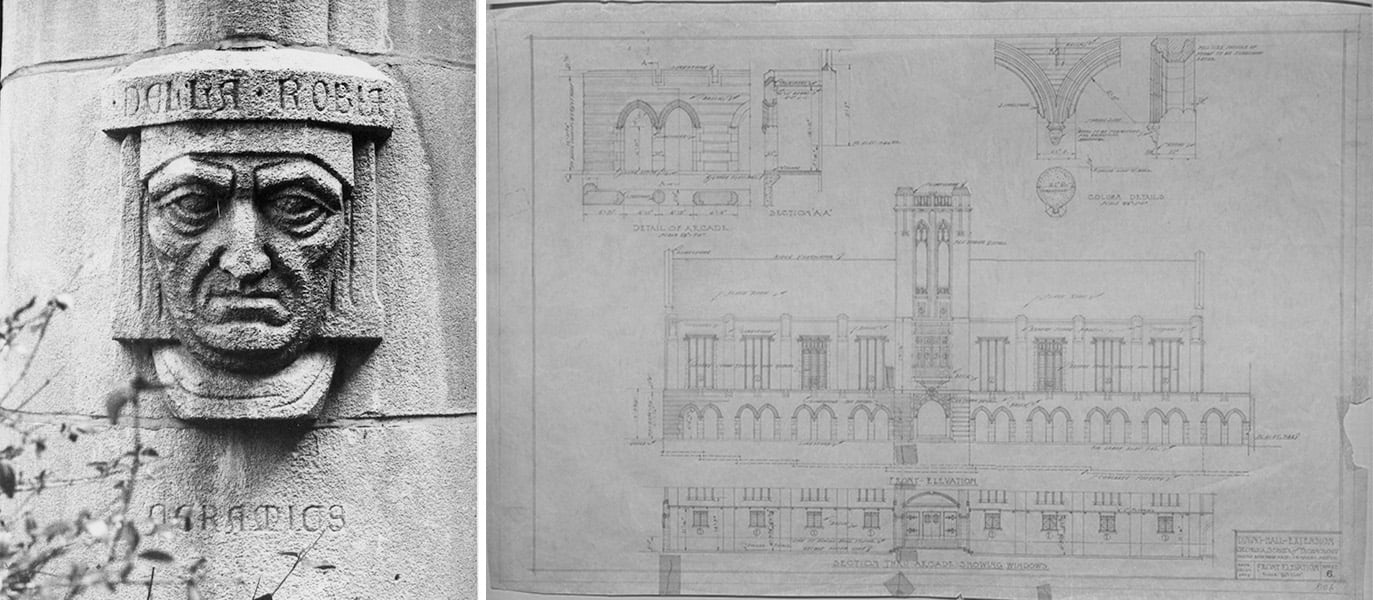 Left Image:The face of Della Robia representing Ceramics at Brittain Dining Hall. Georgia Tech Library Digital Archives. Right Image:The front elevation blueprint of Brittain Dining Hall detailing the corbel heads, columns, and arcades on the front. 