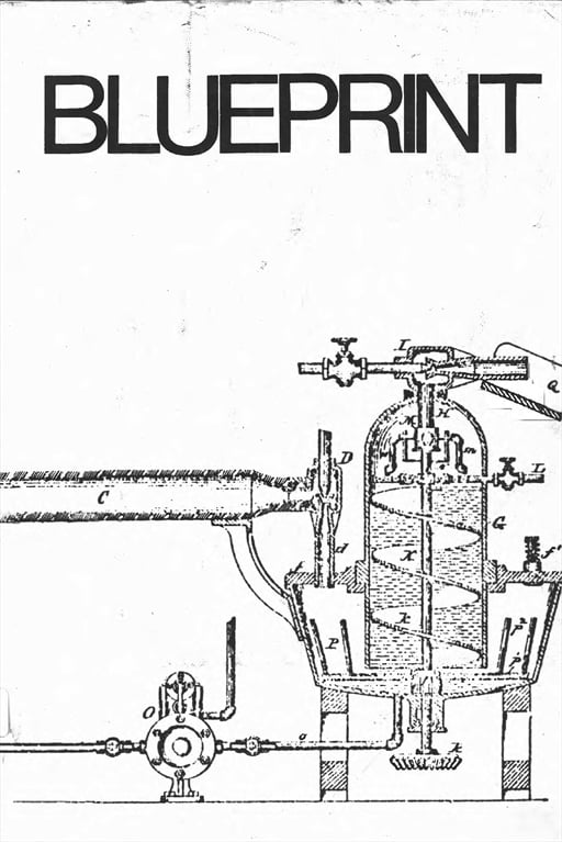 A black and white image of a blueprint diagram for a mechanical device. The word "BLUEPRINT" is at the top in large, black font.