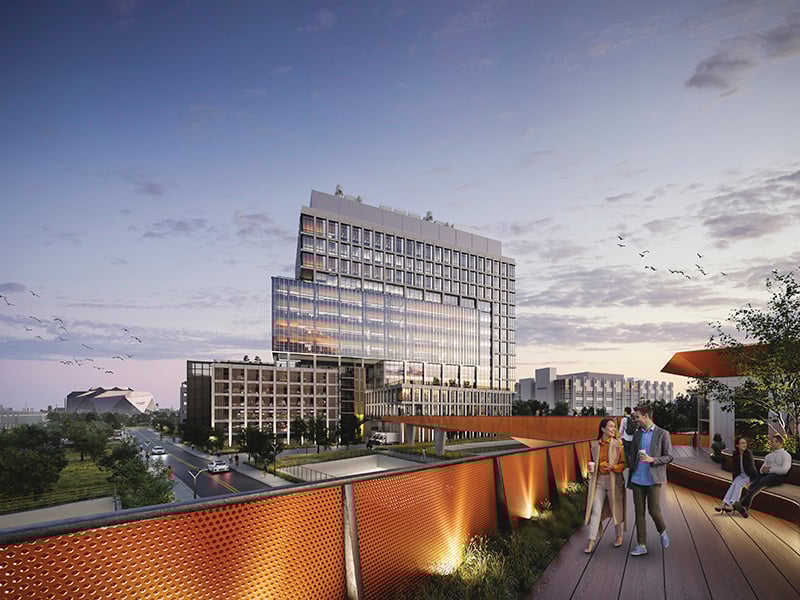 Architectural rendering of a modern glass office tower and a high-line park at sunset.