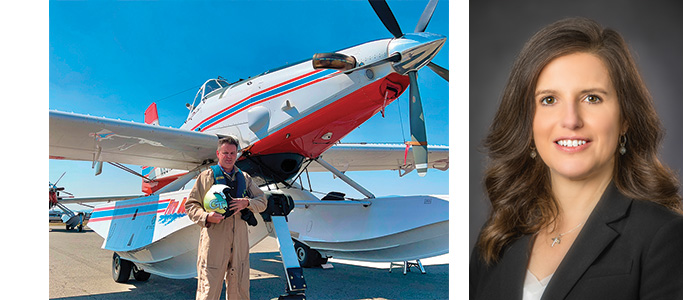 A composite image shows a professional headshot of a smiling woman on the right and a photo of a man in a flight suit holding a helmet, standing next to a seaplane on the left.