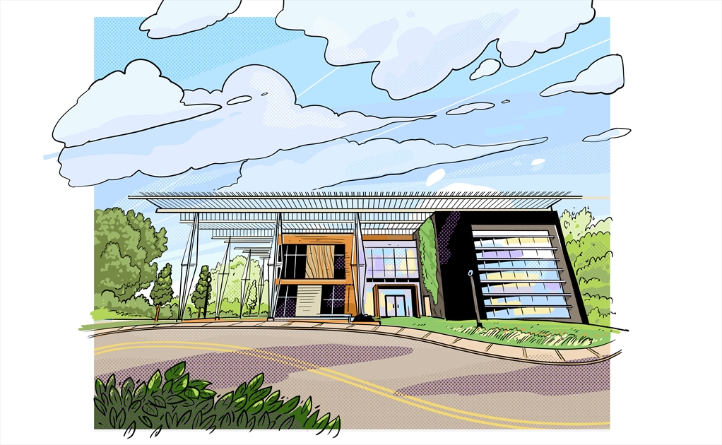 A colorful cartoon drawing of the Kendeda Building at Georgia Tech, featuring a road in the foreground and a large building with solar panels, a green wall, and large windows.
