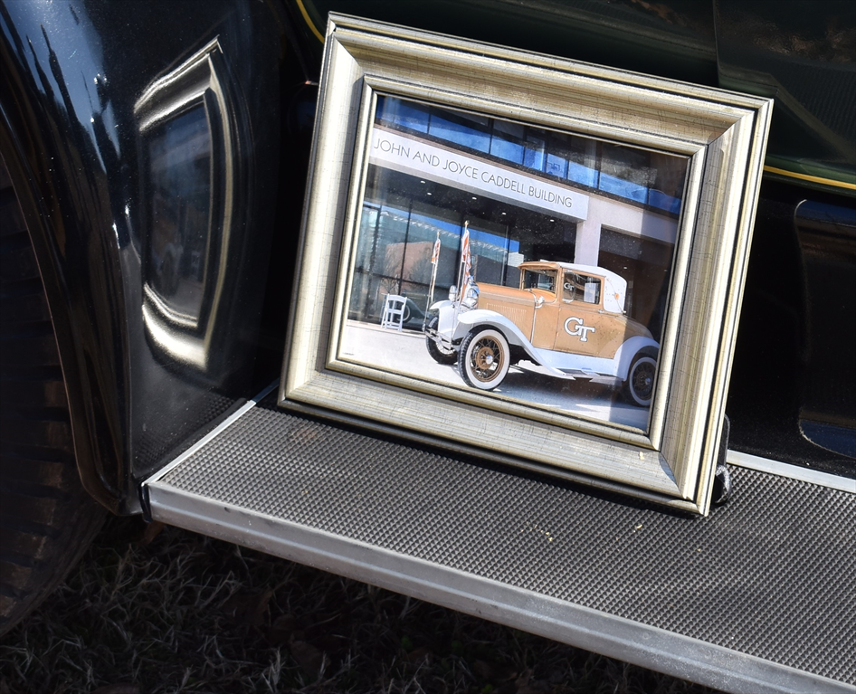Framed picture of the Ramblin' Wreck in front of the John and Joyce Caddell Building