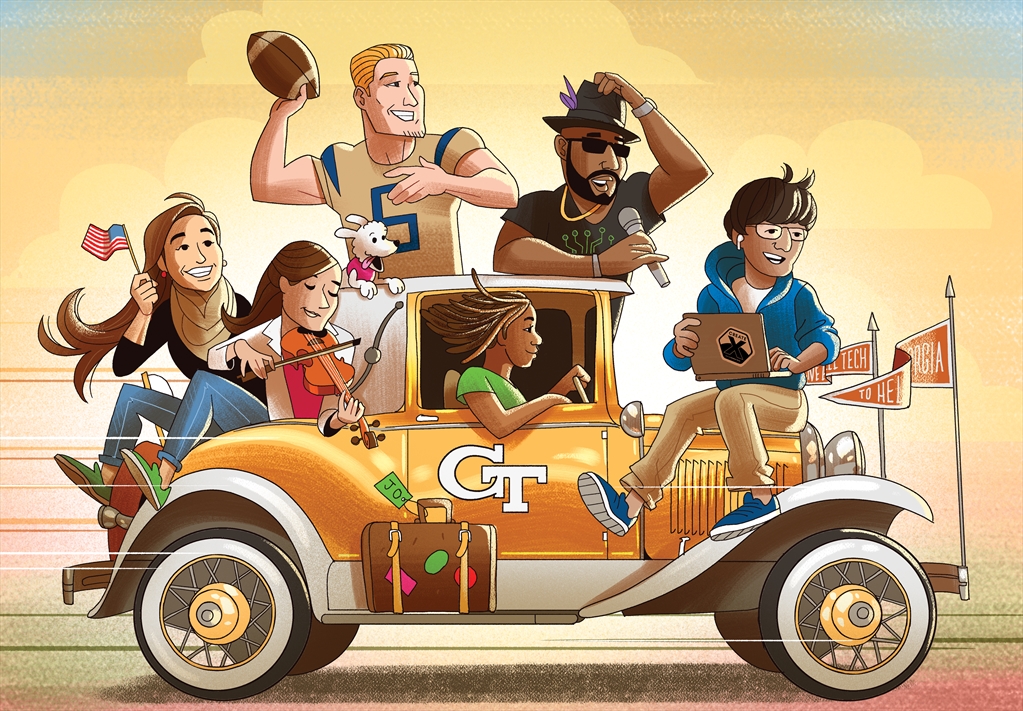cartoon graphic of GT students on the Ramblin' Wreck