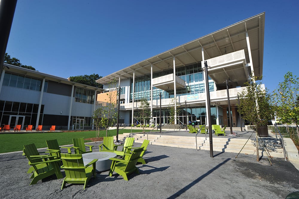 The front lawn and east facing side of West Village, completed in 2017. 